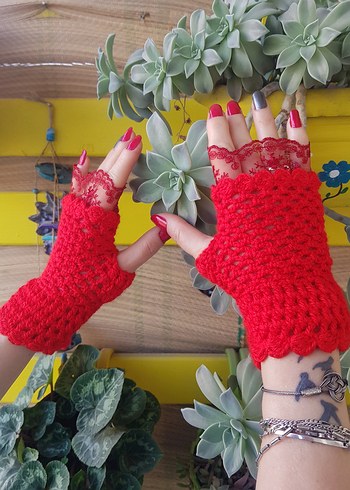 Kırmızı Dantel Detaylı Örgü Bohem Eldiven - Görsel 5