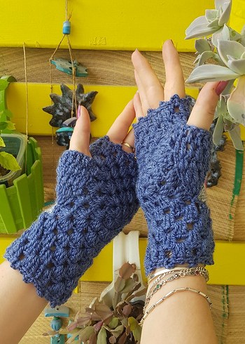 Nazar Boncuğu Motifli Mavi Örgü Kadın Eldiveni - Görsel 4