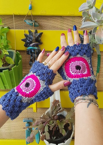 Nazar Boncuğu Motifli Mavi Örgü Kadın Eldiveni - Görsel 5