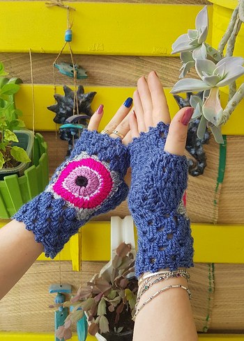 Nazar Boncuğu Motifli Mavi Örgü Kadın Eldiveni - Görsel 6