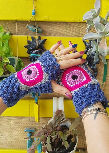 Nazar Boncuğu Motifli Mavi Örgü Kadın Eldiveni - Görsel 3