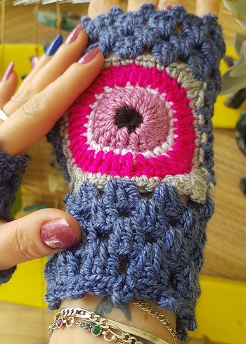 Nazar Boncuğu Motifli Mavi Örgü Kadın Eldiveni - Görsel 2