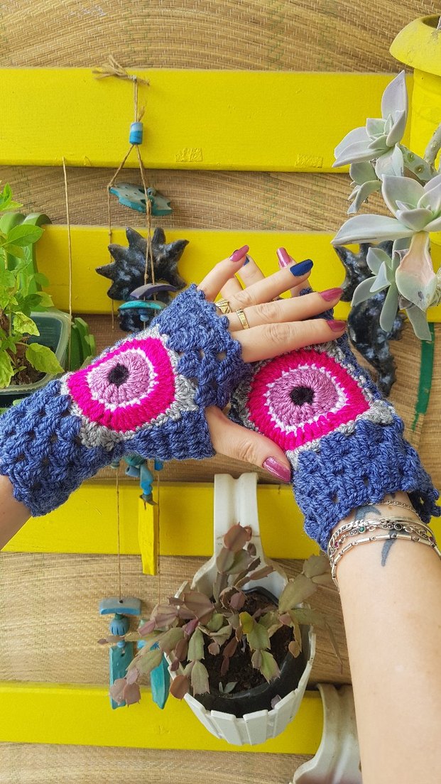 Nazar Boncuğu Motifli Mavi Örgü Kadın Eldiveni - Görsel 3