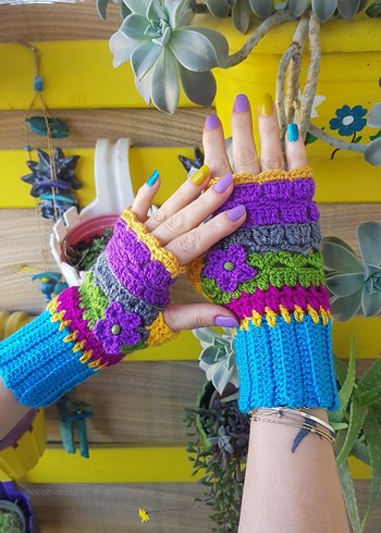 Mavi Mor Çiçekli El Örgüsü Tasarım Eldiven - Görsel 2