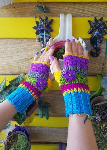 Mavi Mor Çiçekli El Örgüsü Tasarım Eldiven - Görsel 4