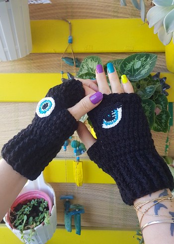 Siyah Göz Motifli Örgü Goth Parmaksız Eldiven - Görsel 5