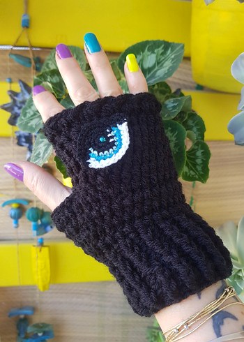 Siyah Göz Motifli Örgü Goth Parmaksız Eldiven - Görsel 6
