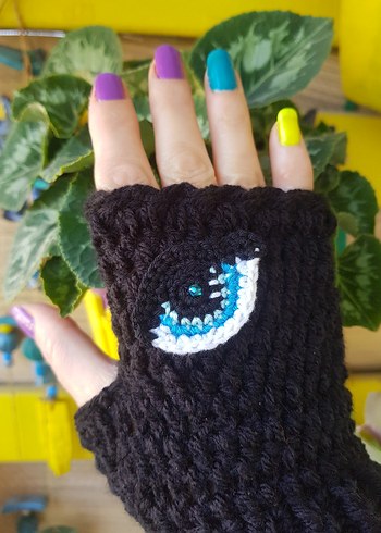 Siyah Göz Motifli Örgü Goth Parmaksız Eldiven - Görsel 7