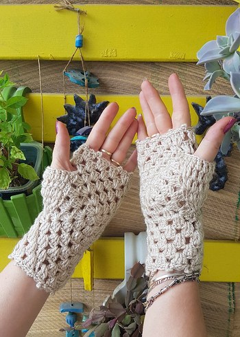 Nazar Boncuğu Temalı El Örgüsü Bej Eldiven - Görsel 7