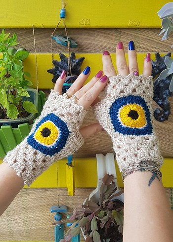 Nazar Boncuğu Temalı El Örgüsü Bej Eldiven - Görsel 6