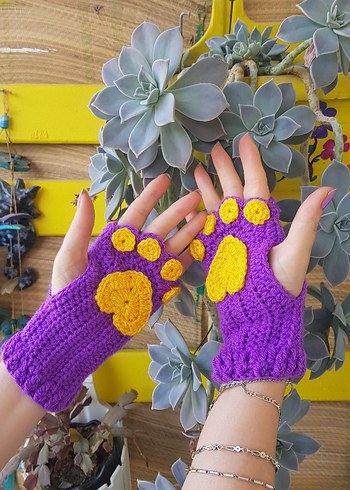 Kedi Patili Rengarenk El Örgüsü Eldiven - Görsel 6