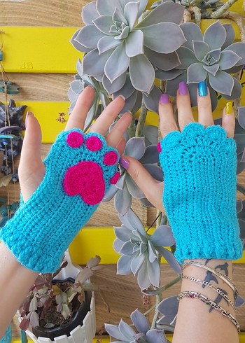 Kedi Patili Rengarenk El Örgüsü Eldiven - Görsel 5