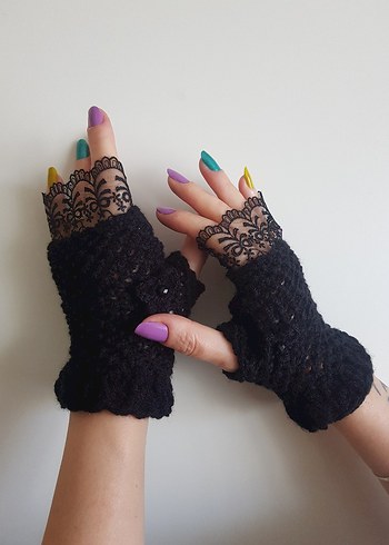 Dantel Detaylı Siyah Örgü Goth Sıfır Eldiven - Görsel 2