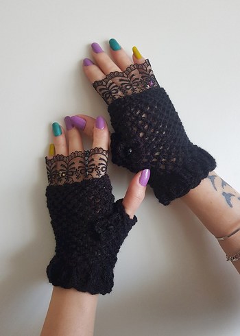Dantel Detaylı Siyah Örgü Goth Sıfır Eldiven - Görsel 4