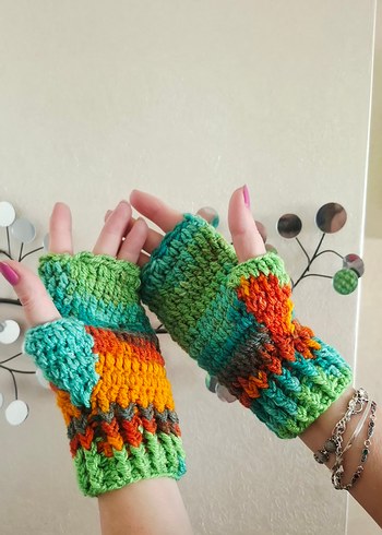 Gökkuşağı Renkli Bohem Örgü Parmaksız Eldiven - Görsel 5