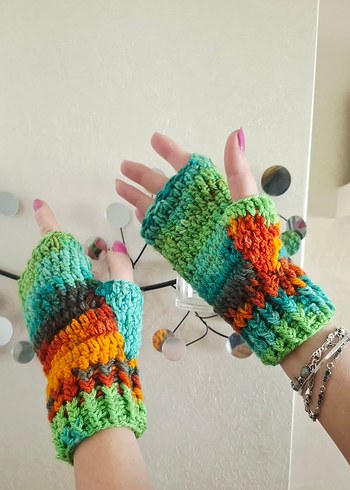 Gökkuşağı Renkli Bohem Örgü Parmaksız Eldiven - Görsel 2