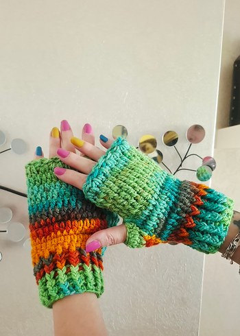 Gökkuşağı Renkli Bohem Örgü Parmaksız Eldiven - Görsel 4