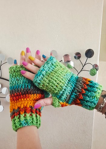 Gökkuşağı Renkli Bohem Örgü Parmaksız Eldiven - Görsel 3