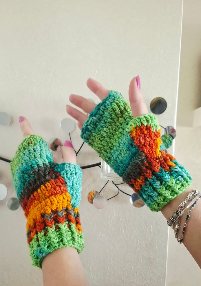Gökkuşağı Renkli Bohem Örgü Parmaksız Eldiven - Görsel 2