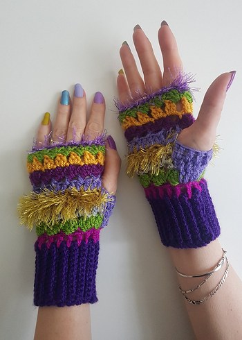 Mor Yeşil Örgü BohemTasarım Eldiveni - Görsel 2