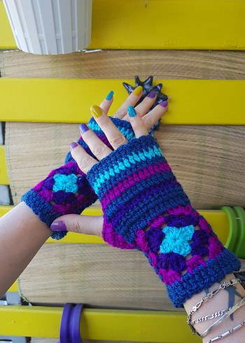 Mavi Mori Bohem Örgü Tasarım Eldiven - Görsel 3