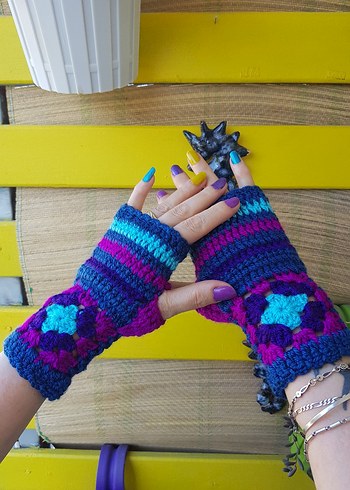 Mavi Mori Bohem Örgü Tasarım Eldiven - Görsel 4