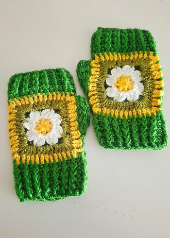 Yeşil Çiçekli Örgü Bohem Kadın Eldiven - Görsel 6