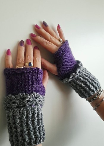 Bohem Tarz Gri ve Mor Örgü Parmaksız Eldiven - Görsel 2