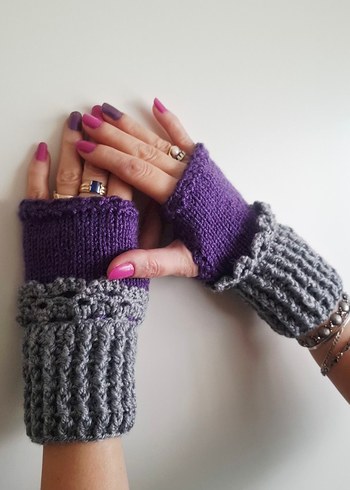Bohem Tarz Gri ve Mor Örgü Parmaksız Eldiven - Görsel 3