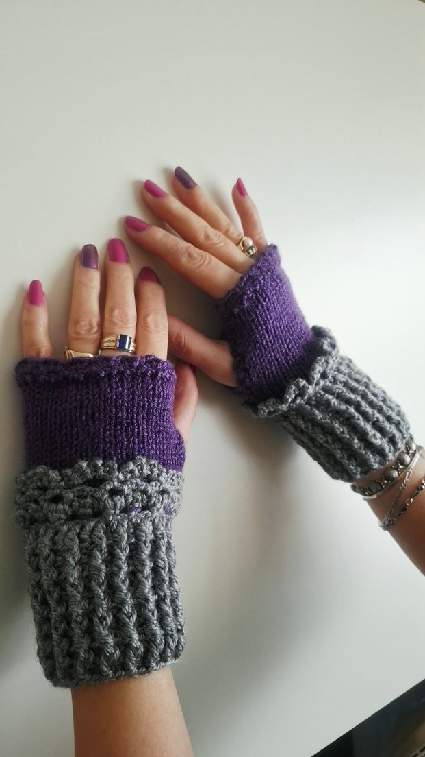 Bohem Tarz Gri ve Mor Örgü Parmaksız Eldiven - Görsel 2