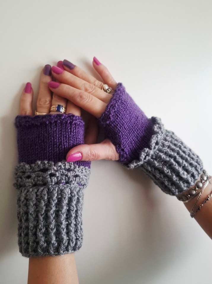 Bohem Tarz Gri ve Mor Örgü Parmaksız Eldiven - Görsel 3