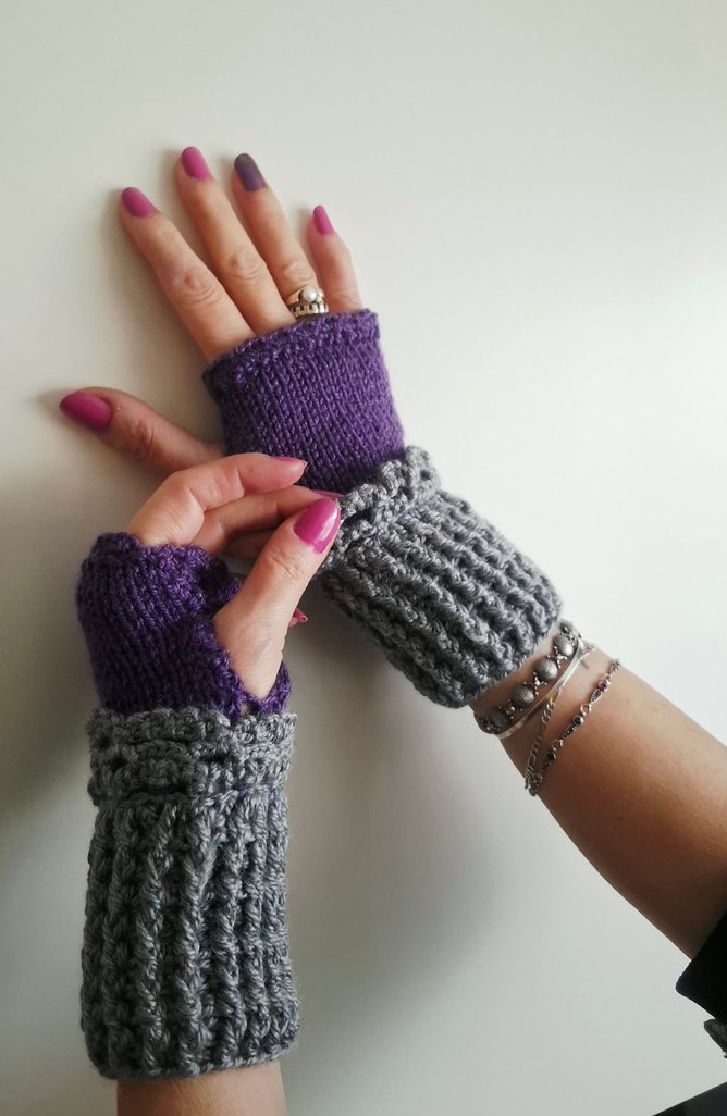 Bohem Tarz Gri ve Mor Örgü Parmaksız Eldiven - Görsel 4