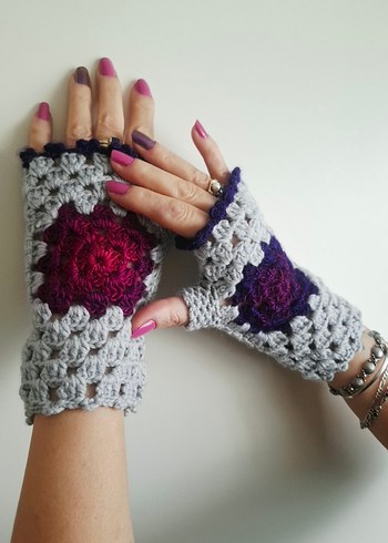 Bohem Gri Mor Örgü Parmaksız Eldiven - Görsel 3