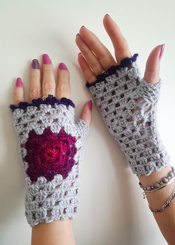 Bohem Gri Mor Örgü Parmaksız Eldiven - Görsel 2