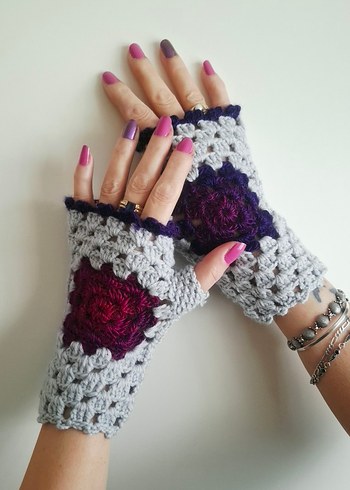 Bohem Gri Mor Örgü Parmaksız Eldiven - Görsel 5