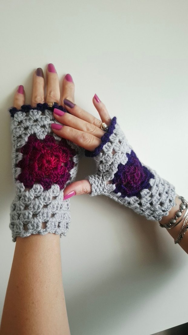 Bohem Gri Mor Örgü Parmaksız Eldiven - Görsel 3