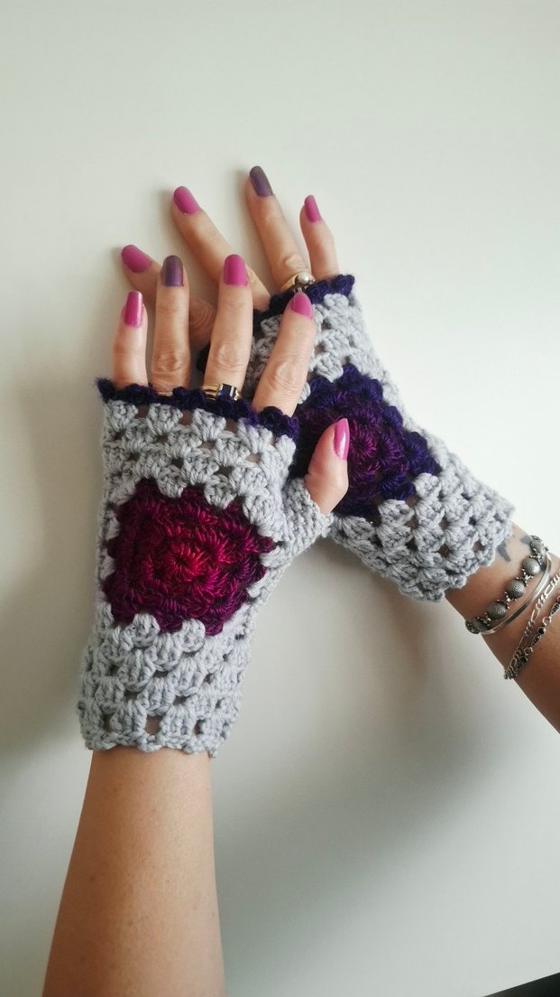 Bohem Gri Mor Örgü Parmaksız Eldiven - Görsel 4