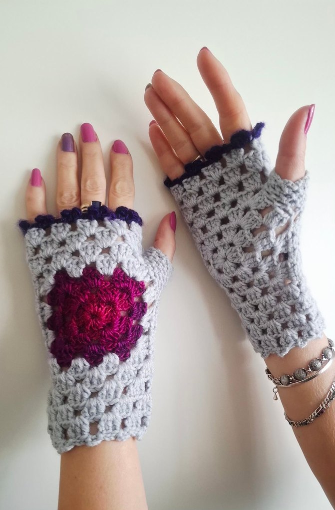 Bohem Gri Mor Örgü Parmaksız Eldiven - Görsel 2