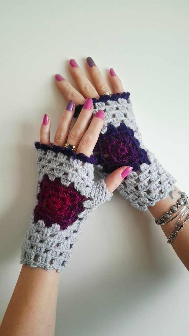Bohem Gri Mor Örgü Parmaksız Eldiven - Görsel 5