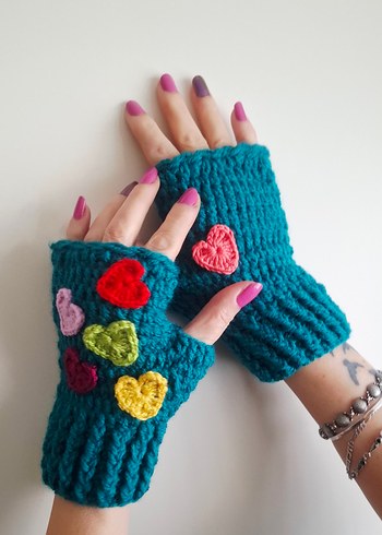 Rengarenk Kalplii Petrol Yeşili El Örgüsü Eldiven - Görsel 2