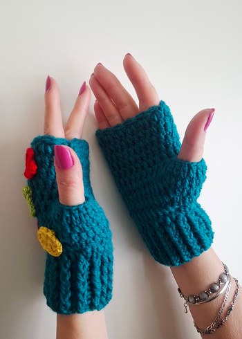 Rengarenk Kalplii Petrol Yeşili El Örgüsü Eldiven - Görsel 5