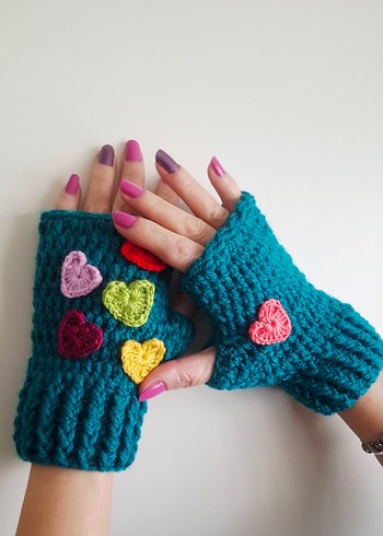 Rengarenk Kalplii Petrol Yeşili El Örgüsü Eldiven - Görsel 3