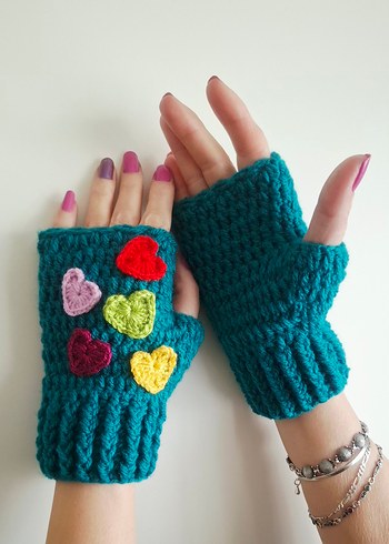 Rengarenk Kalplii Petrol Yeşili El Örgüsü Eldiven - Görsel 4