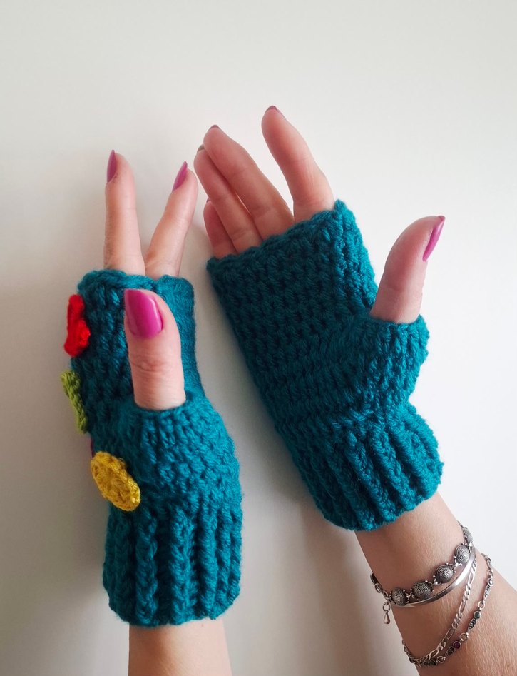 Rengarenk Kalplii Petrol Yeşili El Örgüsü Eldiven - Görsel 5