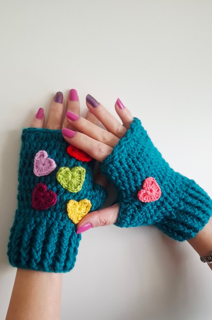 Rengarenk Kalplii Petrol Yeşili El Örgüsü Eldiven - Görsel 3