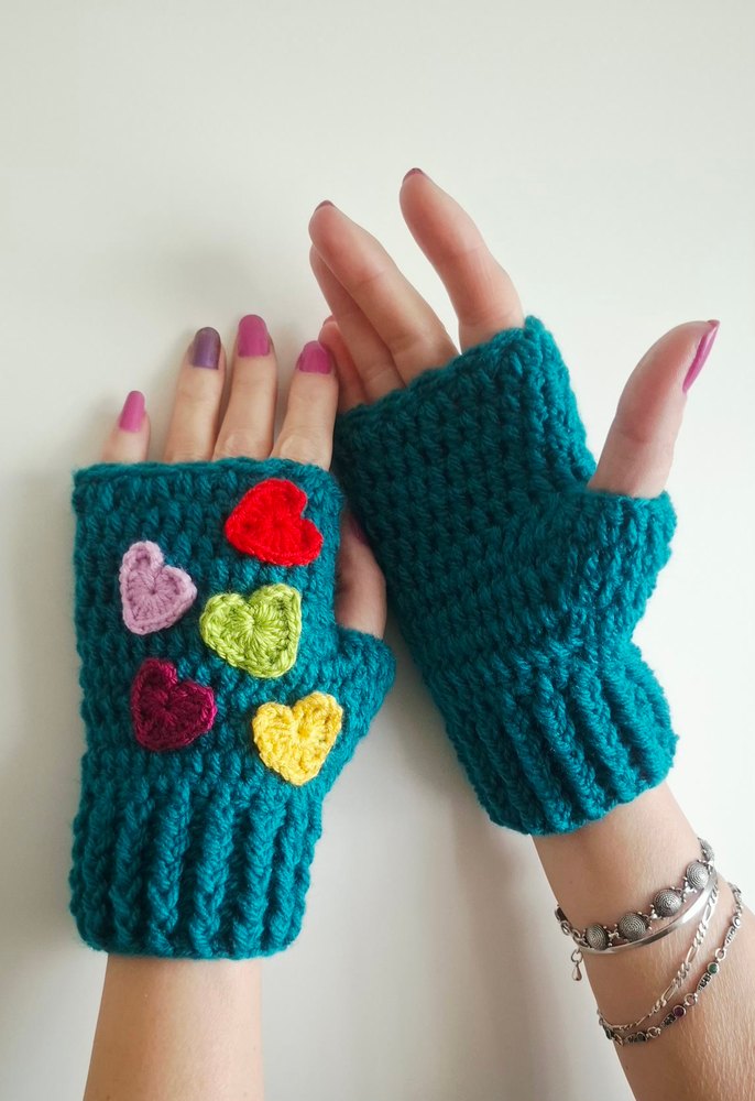 Rengarenk Kalplii Petrol Yeşili El Örgüsü Eldiven - Görsel 4