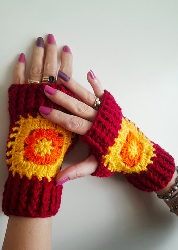 Papatya Motifli El Örgüsü Eldiveni - Görsel 2