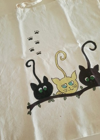 Ham Bez Kedi Montürlü El Boyaması Alışveriş Çantası - Görsel 5