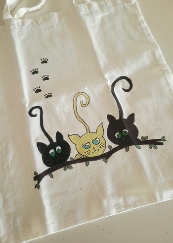 Ham Bez Kedi Montürlü El Boyaması Alışveriş Çantası - Görsel 2