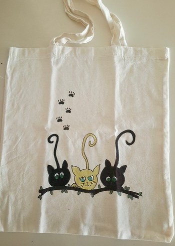 Ham Bez Kedi Montürlü El Boyaması Alışveriş Çantası - Görsel 6